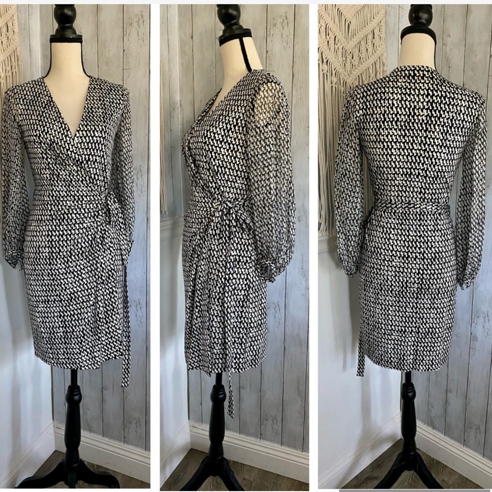 Diane Von Furstenberg Black and White Mini Wrap Dress - Picture 6 of 15